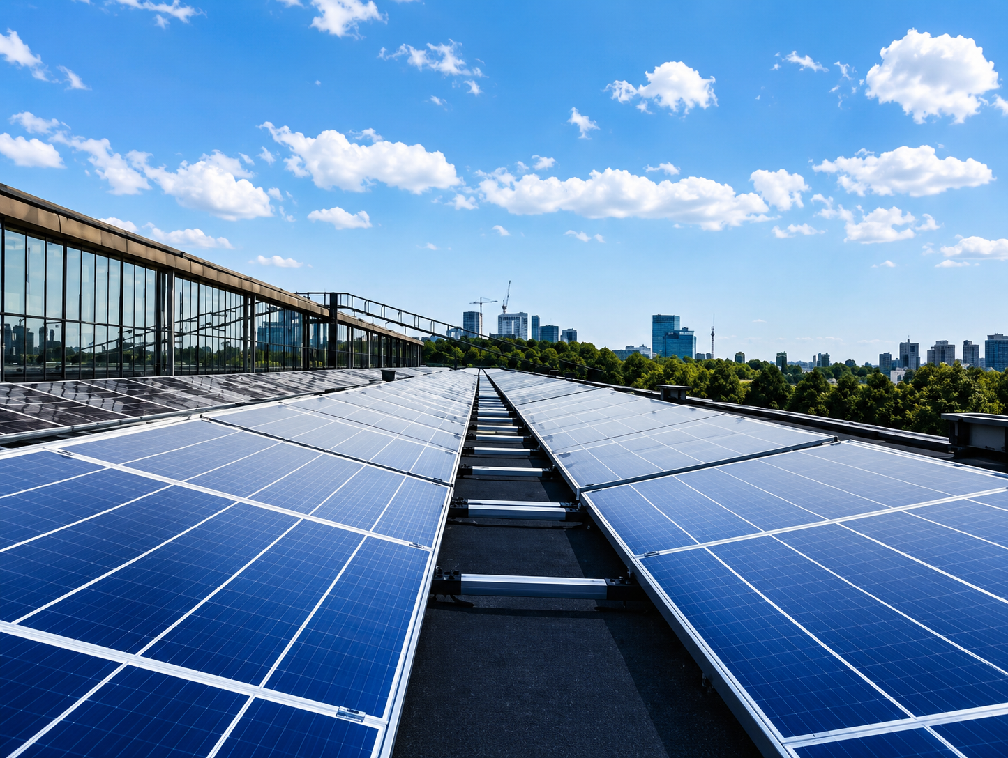 Solar panels on a rooftop beside a city skyline